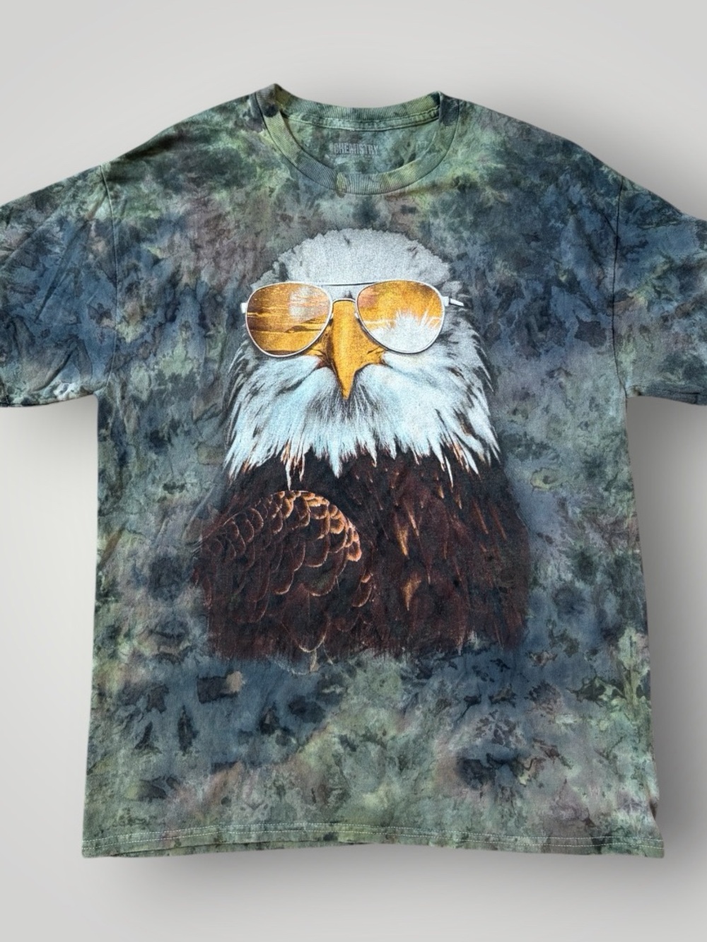 Blue Green Tie Dye Bald Eagle Graphic Tee with Gold Sunglasses